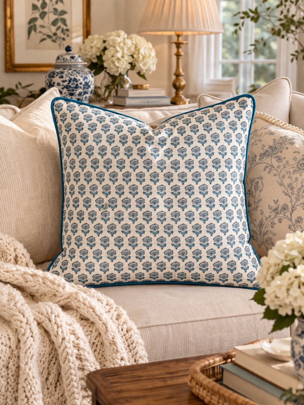 Blue Printed Accent Pillow with Teal Piping Trim